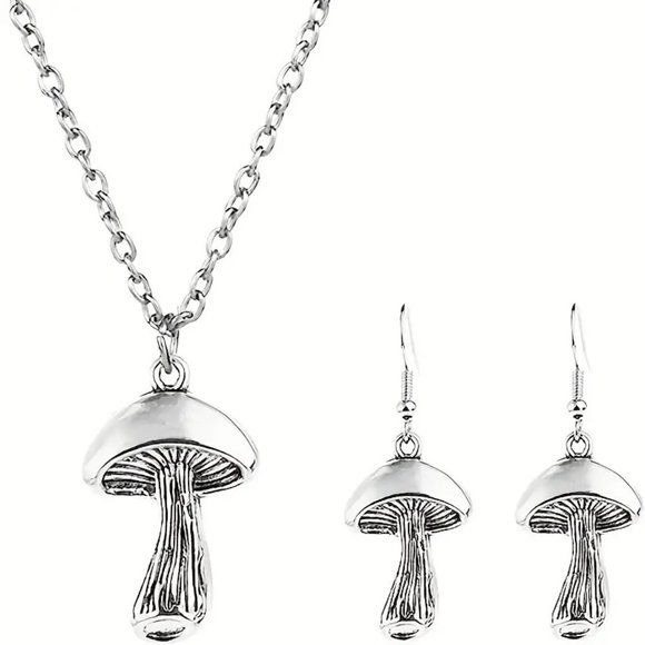 Mushroom Necklace & Earrings 3pc Set Dangle Silver Boho Wonderland Trippy Trendy - Picture 1 of 3